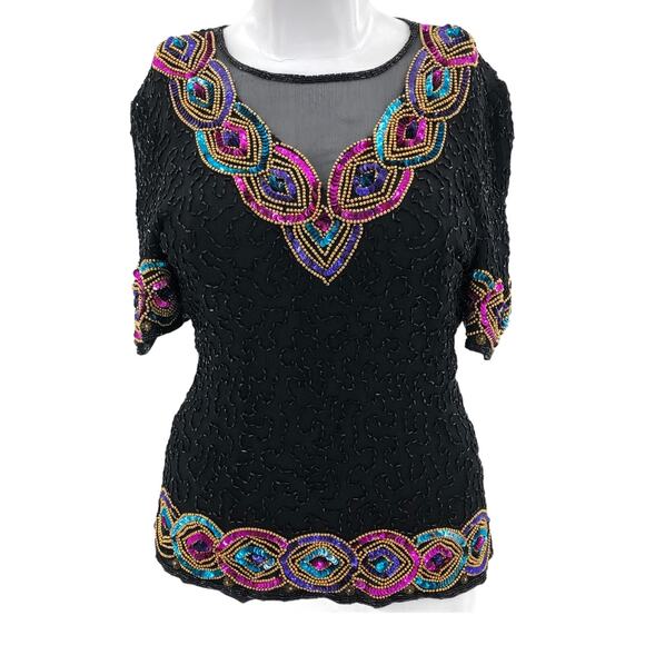 Stenay LARGE VINTAGE 80s 100% SILK Black Multi Beaded Sequin Top Short Sleeve - Picture 1 of 7